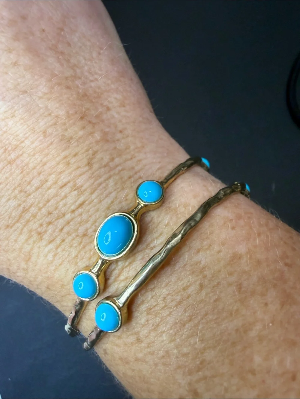 Turquoise Stone Gold-Tone Double Bangle Bracelet - Women Jewelry